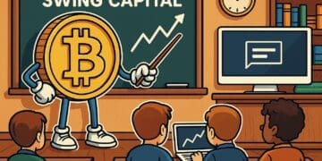 Cartoon van een Bitcoin-personage dat lesgeeft aan studenten in een crypto-klaslokaal met Swing Capital op het bord.