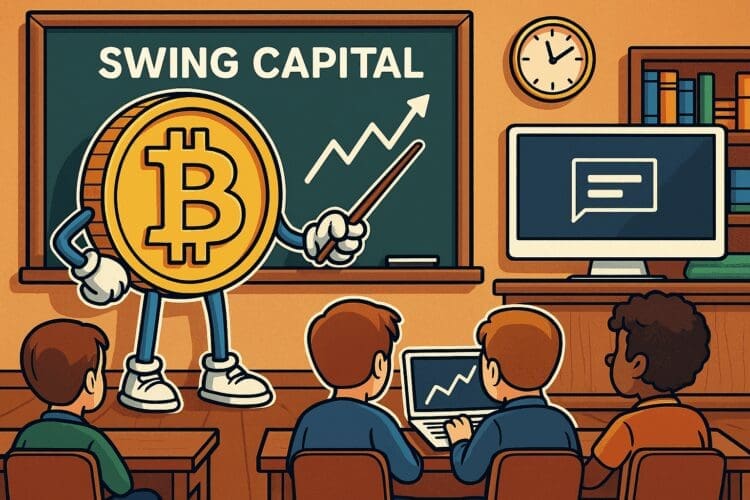 Cartoon van een Bitcoin-personage dat lesgeeft aan studenten in een crypto-klaslokaal met Swing Capital op het bord.