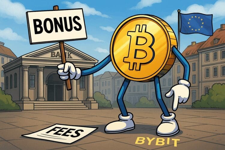 Cartoonachtige illustratie van een Bitcoin-munt die een bonusbord vasthoudt voor een Europees bankgebouw met een EU-vlag, terwijl een papier met het woord fees op de grond ligt.