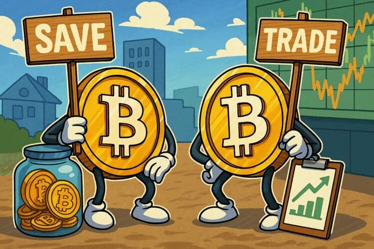 Cartoonillustratie van twee Bitcoin-munten, één met een spaarpot vol munten en een bord met save, de ander met een marktbord en trade-bord.