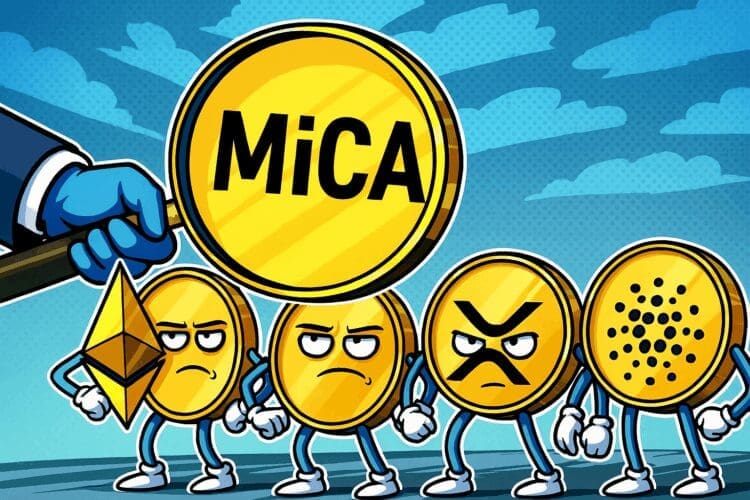 Karikatuur van Ethereum, Solana, XRP en Cardano onder een vergrootglas met het woord “MiCA” erop