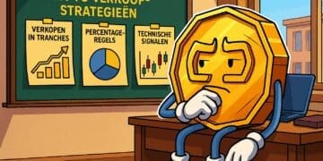 Karikatuur van een munt die nadenkt over crypto verkoopstrategieën zoals tranches verkopen, percentage-regels en technische signalen.