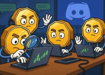 Cartoonachtige crypto karikatuur van munten die samen gratis crypto signals volgen op Discord