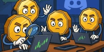 Cartoonachtige crypto karikatuur van munten die samen gratis crypto signals volgen op Discord