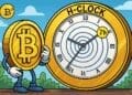 Cartoon van een Bitcoin-figuur die naar een gouden klok kijkt met het label H-CLOCK en wijzers die 7 H-uur aangeven in een spiraalstructuur.