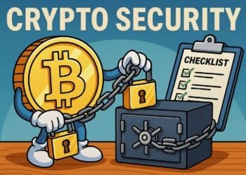 Cartoon van een Bitcoin-figuur die een kluis beveiligt met ketting en sloten, naast een checklist met groene vinkjes onder het opschrift “Crypto Security”.