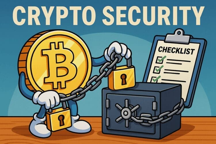 Cartoon van een Bitcoin-figuur die een kluis beveiligt met ketting en sloten, naast een checklist met groene vinkjes onder het opschrift “Crypto Security”.