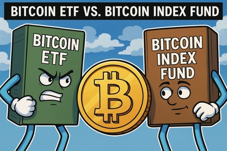 Cartoon van een boze Bitcoin ETF en een kalme Bitcoin indexfonds die tegenover elkaar staan met een grote gouden Bitcoin-munt tussen hen in, in crypto karikatuurstijl.