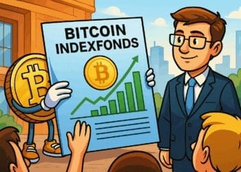 Karikatuur-stijl illustratie van een Bitcoin-personage dat een grafiek presenteert over Bitcoin indexfondsen aan een groep mensen, met een financiële professional op de achtergrond, in een kleurrijke stedelijke setting.