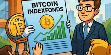 Karikatuur-stijl illustratie van een Bitcoin-personage dat een grafiek presenteert over Bitcoin indexfondsen aan een groep mensen, met een financiële professional op de achtergrond, in een kleurrijke stedelijke setting.