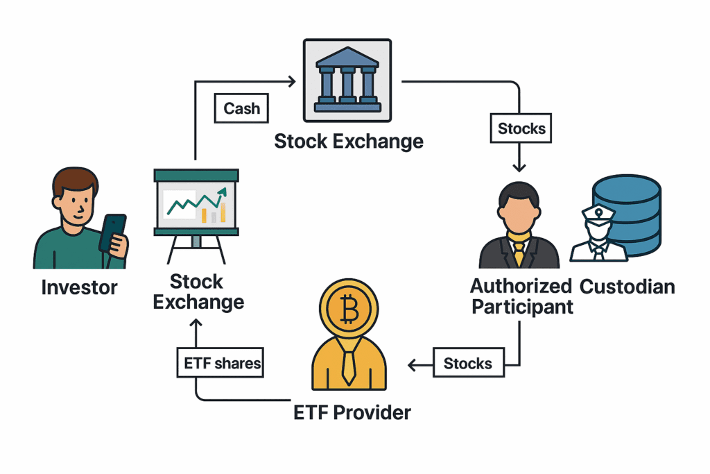 Infographic die het proces van een Bitcoin ETF toont: een belegger koopt ETF-aandelen via de beurs, de ETF-provider geeft deze uit, en een authorized participant en custodian beheren de onderliggende Bitcoins en transacties.