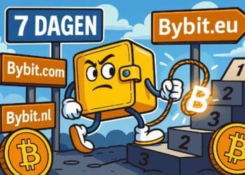 Karikatuur van een gele crypto-wallet die via een touw en traptreden overstapt van Bybit.com en Bybit.nl naar Bybit.eu binnen 7 dagen, met Bitcoin-symbolen op de achtergrond.