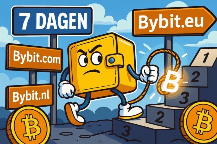 Karikatuur van een gele crypto-wallet die via een touw en traptreden overstapt van Bybit.com en Bybit.nl naar Bybit.eu binnen 7 dagen, met Bitcoin-symbolen op de achtergrond.
