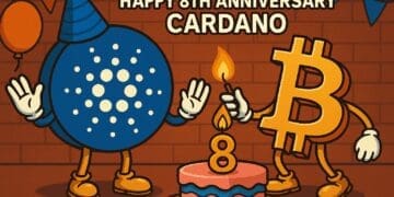 Cartoonillustratie van Cardano en Bitcoin die samen een 8e verjaardagstaart vieren in feestelijke crypto-stijl.