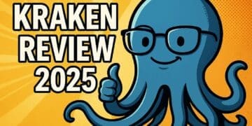 Karikatuur van Kraken octopus met bril en duim omhoog naast tekst “Kraken Review 2025” op kleurrijke achtergrond in crypto cartoonstijl.