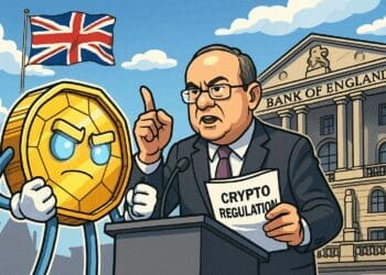 Karikatuur waarin een boze crypto-munt tegenover een beleidsmaker van de Bank of England staat met een document getiteld 'Crypto Regulation', tegen de achtergrond van het Bank of England-gebouw en een Britse vlag.