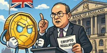 Karikatuur waarin een boze crypto-munt tegenover een beleidsmaker van de Bank of England staat met een document getiteld 'Crypto Regulation', tegen de achtergrond van het Bank of England-gebouw en een Britse vlag.