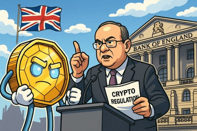 Karikatuur waarin een boze crypto-munt tegenover een beleidsmaker van de Bank of England staat met een document getiteld 'Crypto Regulation', tegen de achtergrond van het Bank of England-gebouw en een Britse vlag.