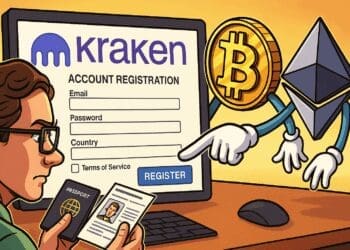 Karikatuur van een man die zijn identiteit verifieert tijdens het aanmaken van een Kraken account, met Bitcoin en Ethereum figuren die wijzen naar de registratieknop.