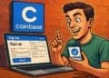 Cartoon van een enthousiaste man die zich registreert bij Coinbase op laptop en smartphone