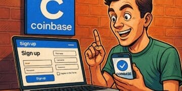Cartoon van een enthousiaste man die zich registreert bij Coinbase op laptop en smartphone