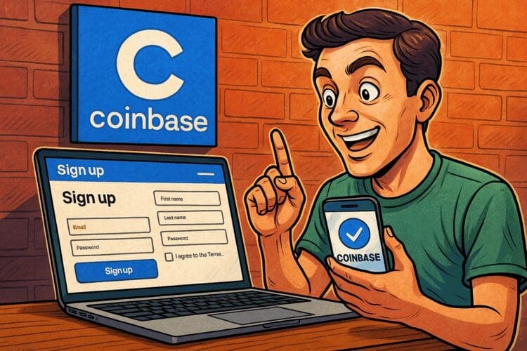 Cartoon van een enthousiaste man die zich registreert bij Coinbase op laptop en smartphone