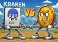 Karikatuur van Kraken en Bybit EU mascottes die een touwtrekwedstrijd houden, als metafoor voor hun concurrentie op de Europese cryptomarkt.