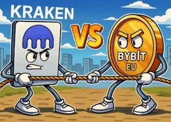 Karikatuur van Kraken en Bybit EU mascottes die een touwtrekwedstrijd houden, als metafoor voor hun concurrentie op de Europese cryptomarkt.