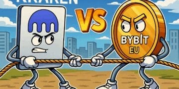 Karikatuur van Kraken en Bybit EU mascottes die een touwtrekwedstrijd houden, als metafoor voor hun concurrentie op de Europese cryptomarkt.