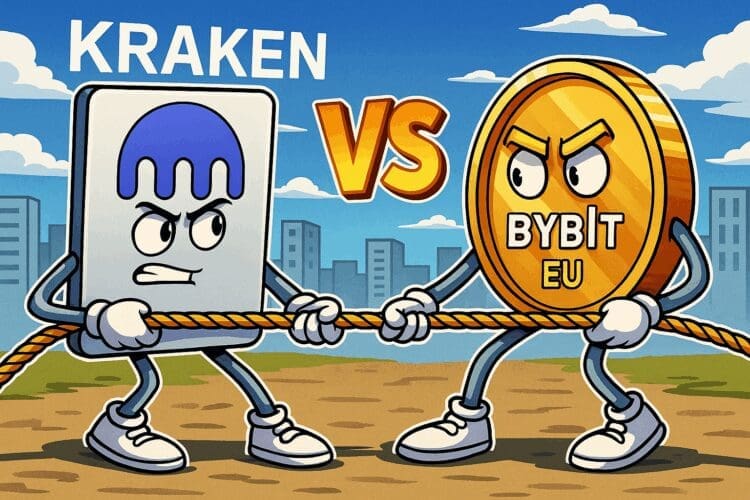 Karikatuur van Kraken en Bybit EU mascottes die een touwtrekwedstrijd houden, als metafoor voor hun concurrentie op de Europese cryptomarkt.