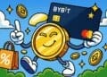 Cartoonillustratie van een gouden crypto-munt die een Bybit Card vasthoudt met shoppingtas en zwevende coins in de lucht