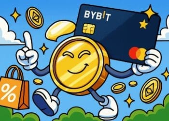 Cartoonillustratie van een gouden crypto-munt die een Bybit Card vasthoudt met shoppingtas en zwevende coins in de lucht