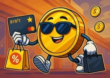 Cartoonillustratie van een vrolijke gouden crypto-munt met Bybit Card, shoppingtas en zonnebril tijdens het winkelen