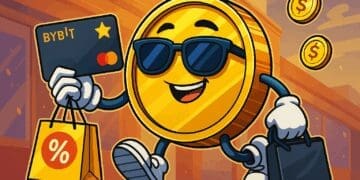 Cartoonillustratie van een vrolijke gouden crypto-munt met Bybit Card, shoppingtas en zonnebril tijdens het winkelen