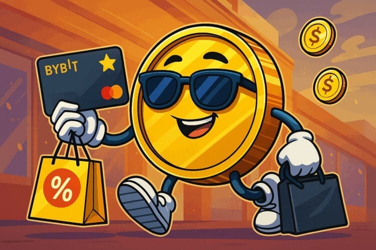 Cartoonillustratie van een vrolijke gouden crypto-munt met Bybit Card, shoppingtas en zonnebril tijdens het winkelen