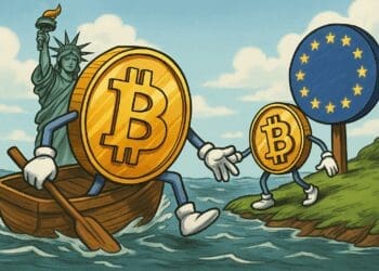 Karikatuur van Bitcoins die van de VS naar de EU oversteken, met de Statue of Liberty en het EU-logo als symbolen van regelgevingsverschillen.