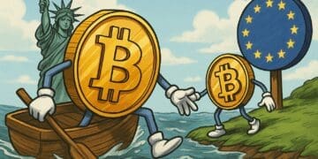Karikatuur van Bitcoins die van de VS naar de EU oversteken, met de Statue of Liberty en het EU-logo als symbolen van regelgevingsverschillen.