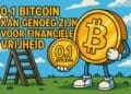 crypto Karikatuur met een ladder en een vrolijke Bitcoin-figuur die 0,1 Bitcoin vasthoudt, symbool voor financiële vrijheid.