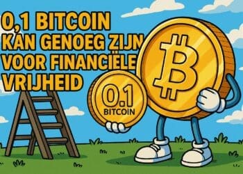 crypto Karikatuur met een ladder en een vrolijke Bitcoin-figuur die 0,1 Bitcoin vasthoudt, symbool voor financiële vrijheid.