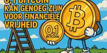 crypto Karikatuur met een ladder en een vrolijke Bitcoin-figuur die 0,1 Bitcoin vasthoudt, symbool voor financiële vrijheid.