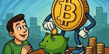 Cartoon van Bitcoin-munt die een satoshi in een spaarvarken stopt terwijl iemand blij toekijkt, symbool voor stacking sats.