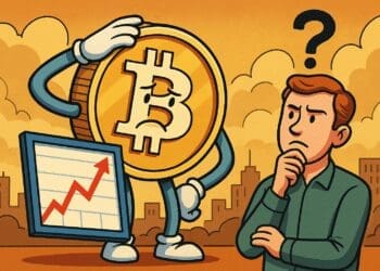 Cartoon van een twijfelende belegger die naar een Bitcoin-munt kijkt met een grafiek van stijgende koersen, symboliserend de vraag of het te laat is om Bitcoin te kopen.