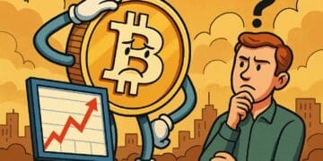 Cartoon van een twijfelende belegger die naar een Bitcoin-munt kijkt met een grafiek van stijgende koersen, symboliserend de vraag of het te laat is om Bitcoin te kopen.