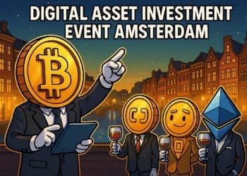 Cartoonachtige crypto-karakters bij een netwerkborrel in Amsterdam tijdens het Digital Asset Investment Event.
