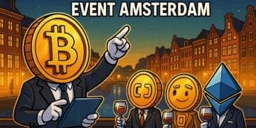Cartoonachtige crypto-karakters bij een netwerkborrel in Amsterdam tijdens het Digital Asset Investment Event.