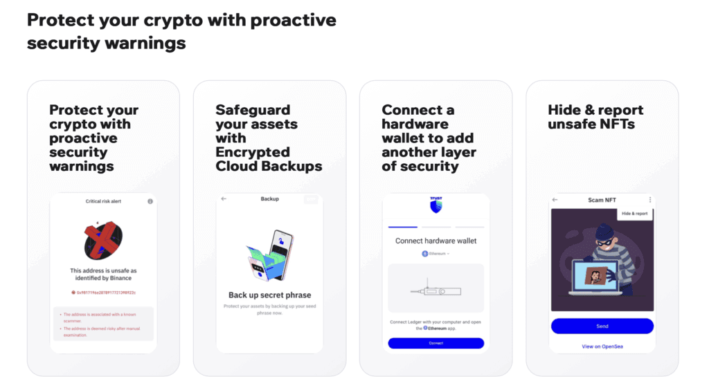 Screenshot van de Trust Wallet website met functies zoals beveiligingswaarschuwingen, cloud back-ups, hardware wallet integratie en NFT-scam meldingen.