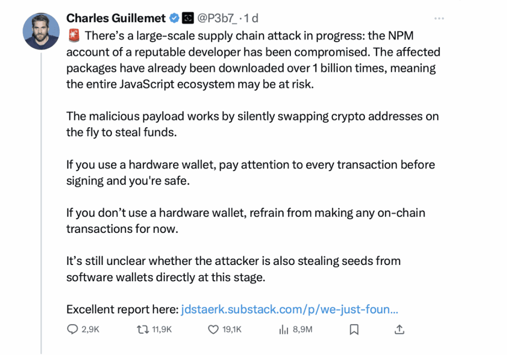 Screenshot van een tweet van Charles Guillemet over een grootschalige supply chain hack via NPM, waarbij crypto-adressen live worden omgewisseld en gebruikers zonder hardware wallet worden afgeraden om on-chain transacties te doen.