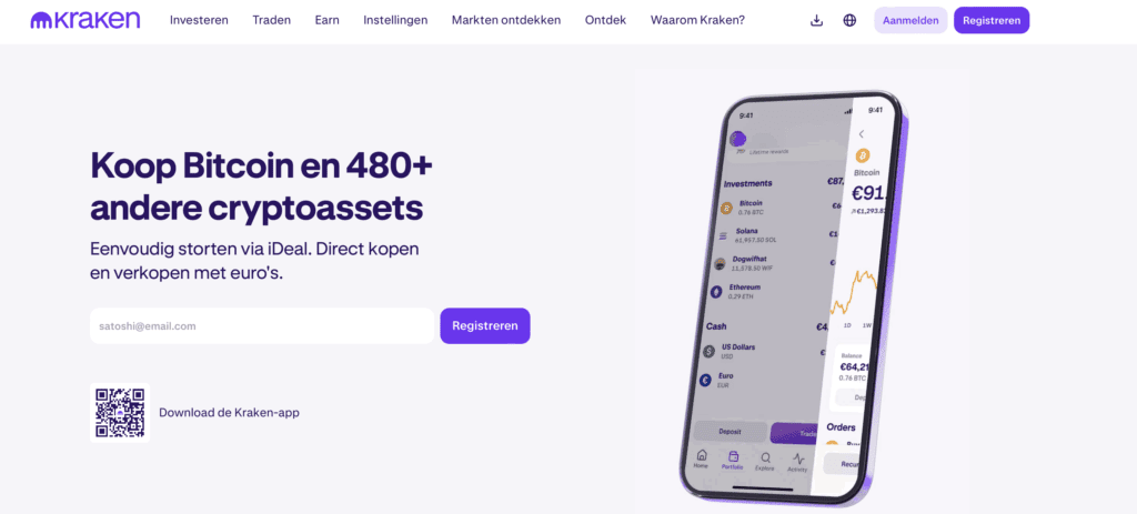 Kraken aanmeldpagina met uitleg over het kopen van Bitcoin en andere crypto’s via iDeal en euro’s, inclusief registratieformulier en app-screenshot
