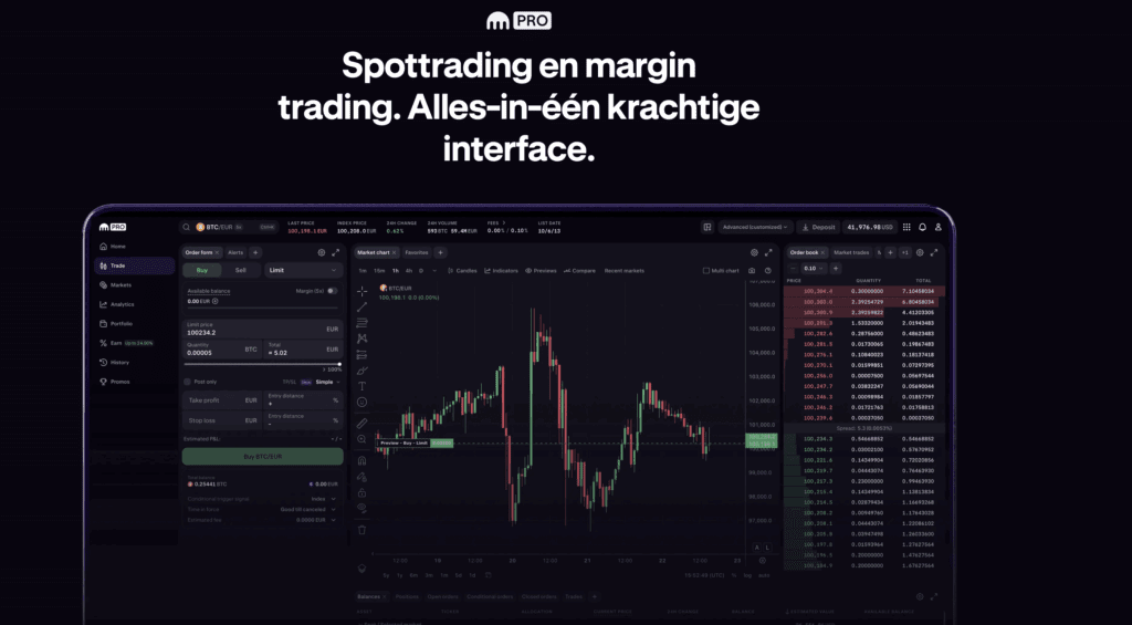 Screenshot van de Kraken Pro handelsinterface met live grafieken, orderboek en geavanceerde tradingtools voor spot- en margin trading