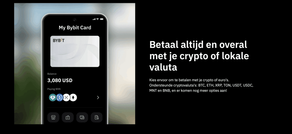 Bybit Card saldo in app met betaalopties in crypto en euro voor dagelijkse aankopen